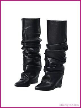 Slouched Ruched Fold Over Boots Covered Wedge Knee High Pointed Toe